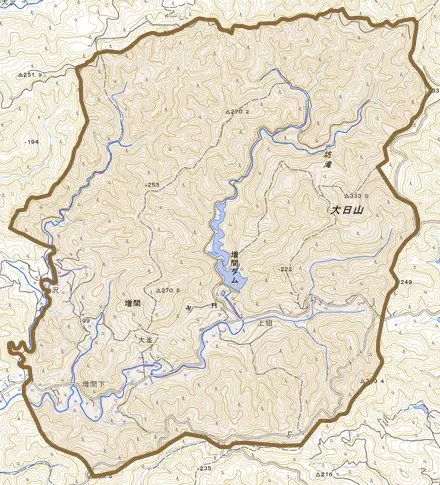 増間とその周辺の地図。町の範囲を重ねている