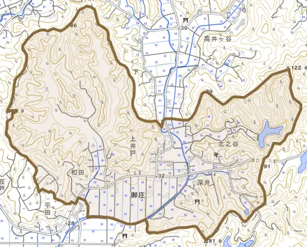 御庄とその周辺の地図。町の範囲を重ねている
