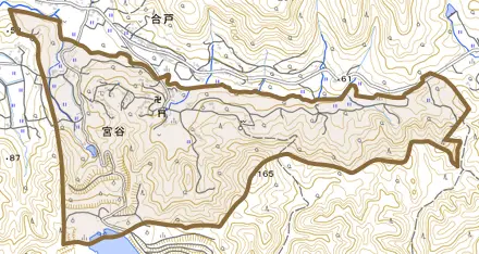 宮谷とその周辺の地図。町の範囲を重ねている