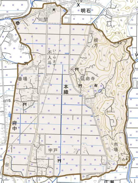 本織とその周辺の地図。町の範囲を重ねている