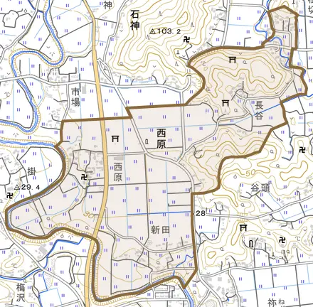 西原とその周辺の地図。町の範囲を重ねている