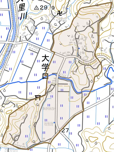 大学口とその周辺の地図。町の範囲を重ねている