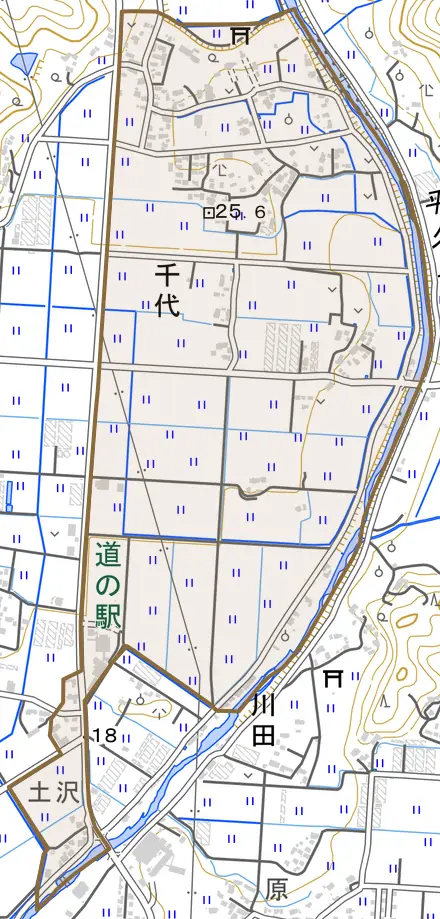 千代とその周辺の地図。町の範囲を重ねている