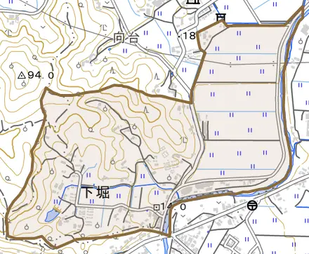 下堀とその周辺の地図。町の範囲を重ねている