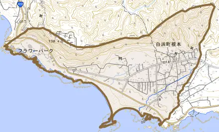 白浜町根本とその周辺の地図。町の範囲を重ねている