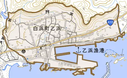 白浜町乙浜とその周辺の地図。町の範囲を重ねている