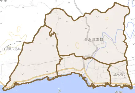 白浜町滝口とその周辺の地図。町の範囲を重ねている