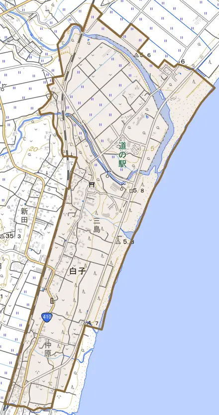 白子とその周辺の地図。町の範囲を重ねている