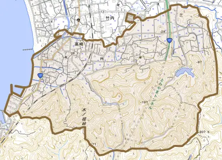 高崎とその周辺の地図。町の範囲を重ねている