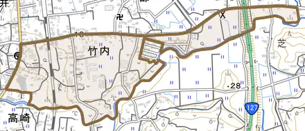 竹内とその周辺の地図。町の範囲を重ねている