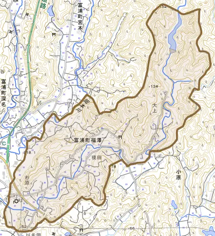 富浦町福澤とその周辺の地図。町の範囲を重ねている