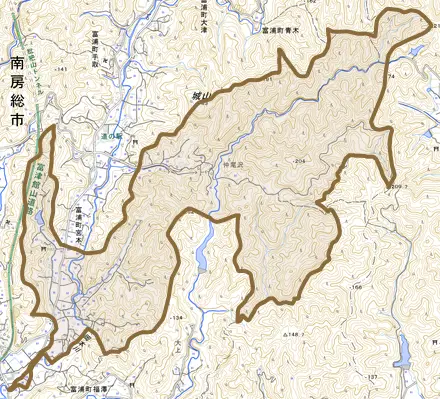 富浦町宮本とその周辺の地図。町の範囲を重ねている