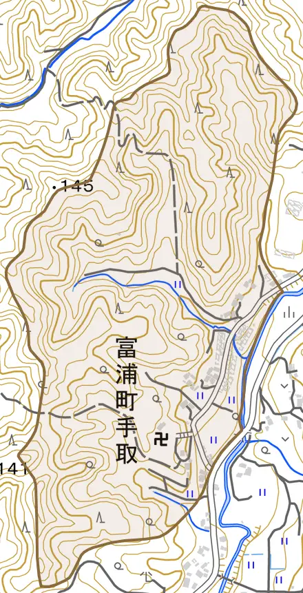 富浦町手取とその周辺の地図。町の範囲を重ねている