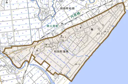 和田町海発とその周辺の地図。町の範囲を重ねている