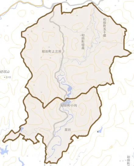 和田町上三原とその周辺の地図。町の範囲を重ねている