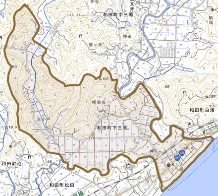 和田町下三原とその周辺の地図。町の範囲を重ねている