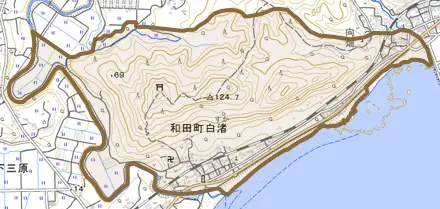 和田町白渚とその周辺の地図。町の範囲を重ねている