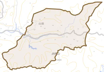 山田とその周辺の地図。町の範囲を重ねている