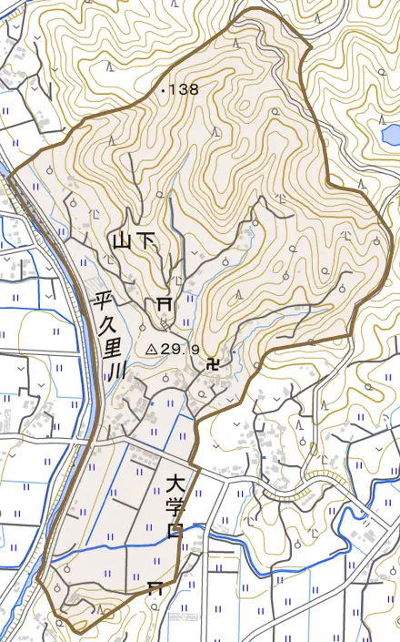 山下とその周辺の地図。町の範囲を重ねている