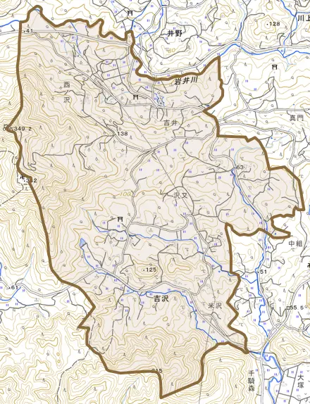 吉沢とその周辺の地図。町の範囲を重ねている