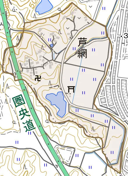 芦網とその周辺の地図。町の範囲を重ねている