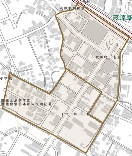 千代田町とその周辺の地図。町の範囲を重ねている