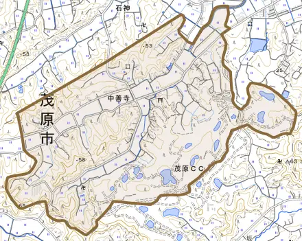 中善寺とその周辺の地図。町の範囲を重ねている