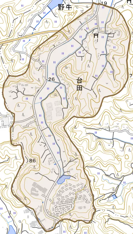 台田とその周辺の地図。町の範囲を重ねている