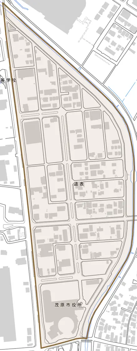 道表とその周辺の地図。町の範囲を重ねている