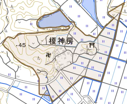 榎神房とその周辺の地図。町の範囲を重ねている