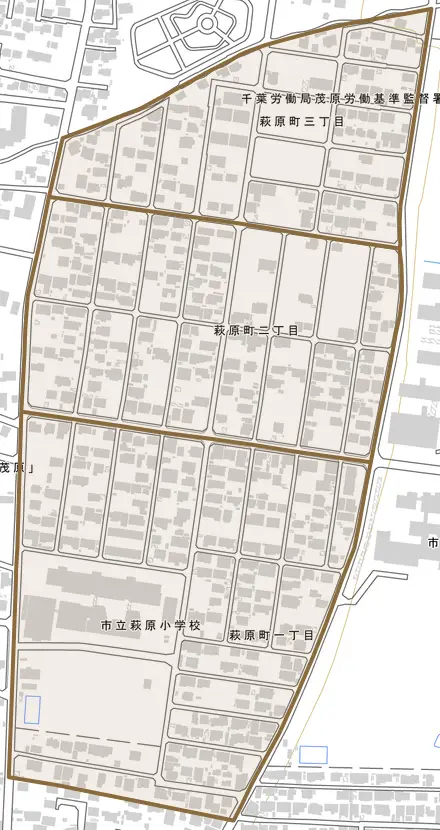 萩原町とその周辺の地図。町の範囲を重ねている