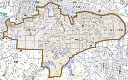 早野とその周辺の地図。町の範囲を重ねている