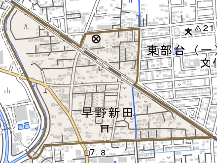 早野新田とその周辺の地図。町の範囲を重ねている