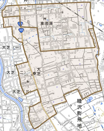 東茂原とその周辺の地図。町の範囲を重ねている
