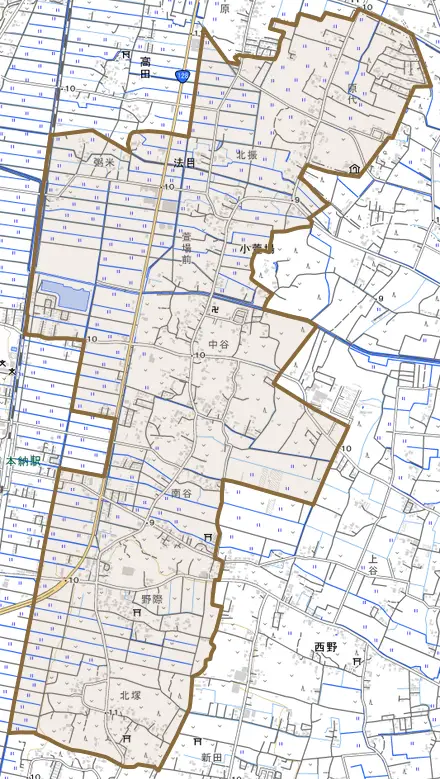 法目とその周辺の地図。町の範囲を重ねている