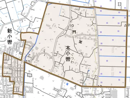 本小轡とその周辺の地図。町の範囲を重ねている