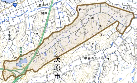石神とその周辺の地図。町の範囲を重ねている