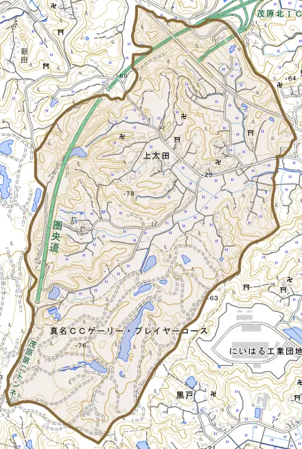 上太田とその周辺の地図。町の範囲を重ねている