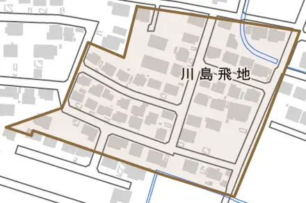 川島飛地とその周辺の地図。町の範囲を重ねている