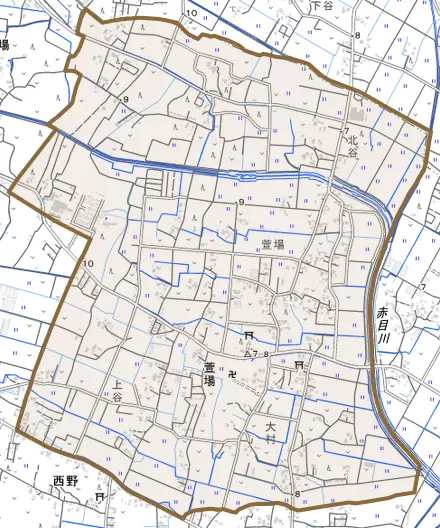 萱場とその周辺の地図。町の範囲を重ねている