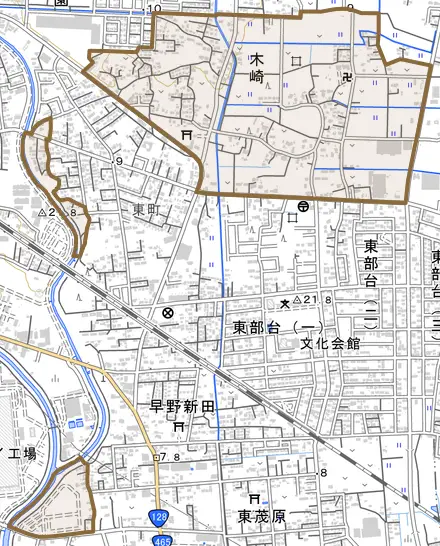 木崎とその周辺の地図。町の範囲を重ねている
