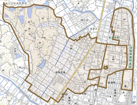 小林とその周辺の地図。町の範囲を重ねている