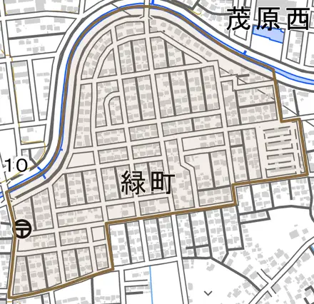 緑町とその周辺の地図。町の範囲を重ねている