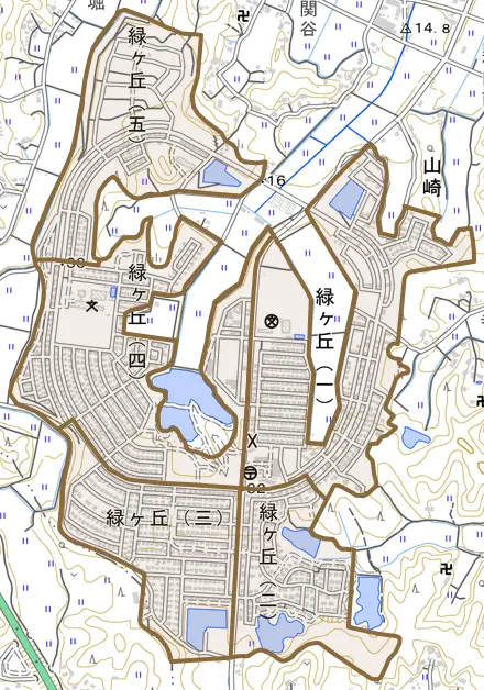 緑ケ丘とその周辺の地図。町の範囲を重ねている