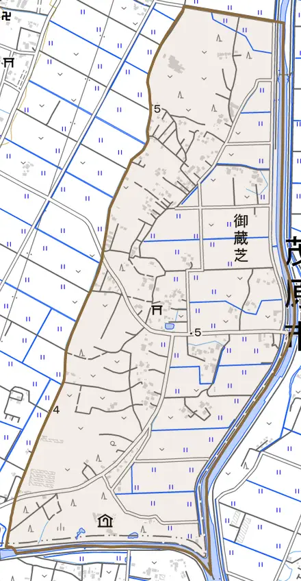 御蔵芝とその周辺の地図。町の範囲を重ねている