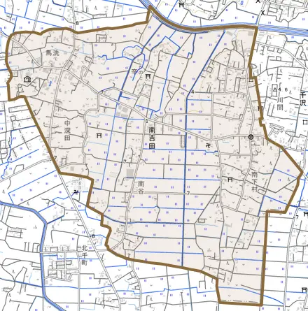 南吉田とその周辺の地図。町の範囲を重ねている