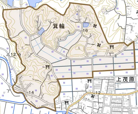 箕輪とその周辺の地図。町の範囲を重ねている