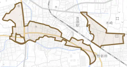 茂原とその周辺の地図。町の範囲を重ねている