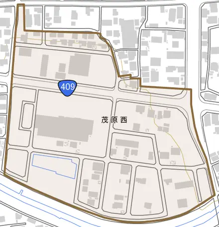 茂原西とその周辺の地図。町の範囲を重ねている