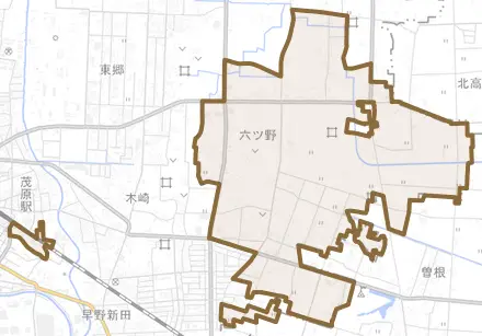 六ツ野とその周辺の地図。町の範囲を重ねている